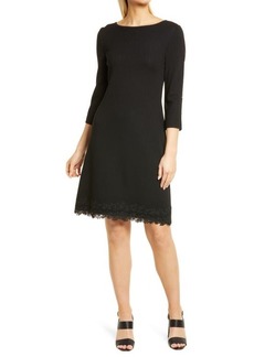 Ming Wang Lace Trim Wrinkle Resistant Open Sleeve Knit Dress in Black at Nordstrom