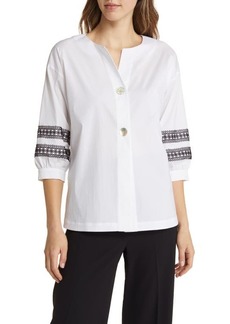 Ming Wang Lacework Trim Puff Sleeve Poplin Button-Up Shirt