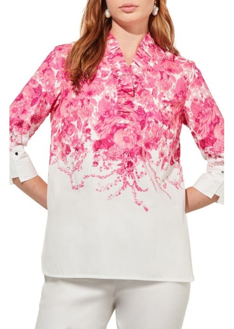 Ming Wang Ruffle Collar Floral Cotton Shirt