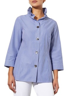 Ming Wang Ruffle Collar Stripe Cotton Shirt