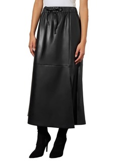 Ming Wang Side Slit Faux Leather Drawstring Midi Skirt