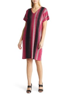 Ming Wang Stripe Short Sleeve Sweater Dress in Lipstick/Mink/Black at Nordstrom