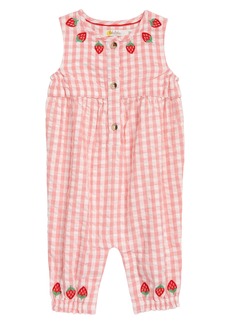 Mini Boden Embroidered Strawberry Cotton Gingham Romper in Pink Gingham Strawberries at Nordstrom