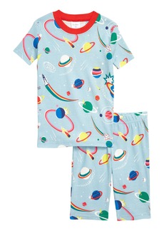 Mini Boden Glow-in-the-Dark Fitted Two-Piece Pajamas in Mineral Blue Rainbow Space at Nordstrom