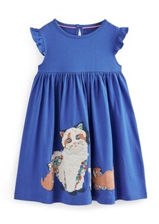 Mini Boden Kids' Cat Appliqué Flutter Sleeve Cotton Dress