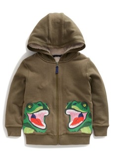 Mini Boden Kids' Embroidered T-Rex Fleece Lined Zip Hoodie