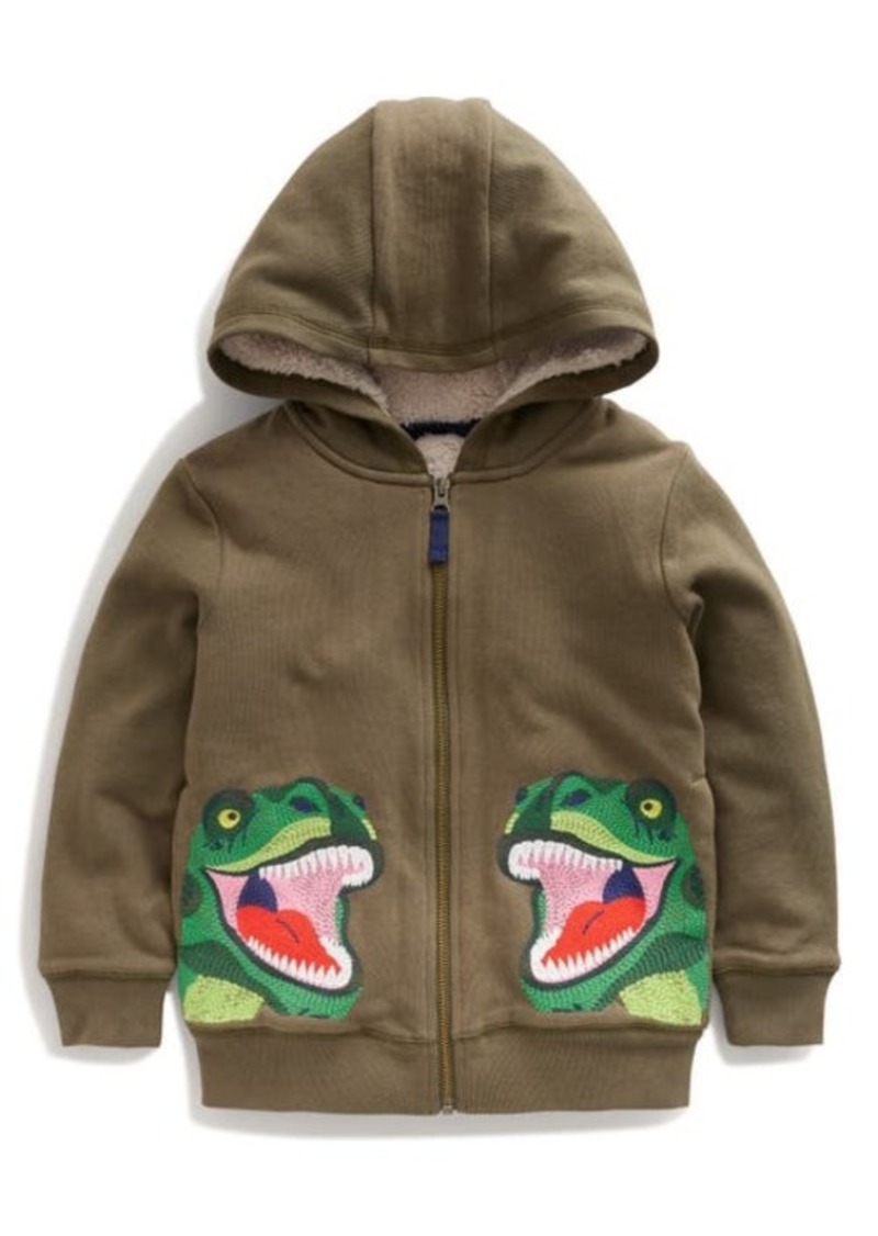 Mini Boden Kids' Embroidered T-Rex Fleece Lined Zip Hoodie
