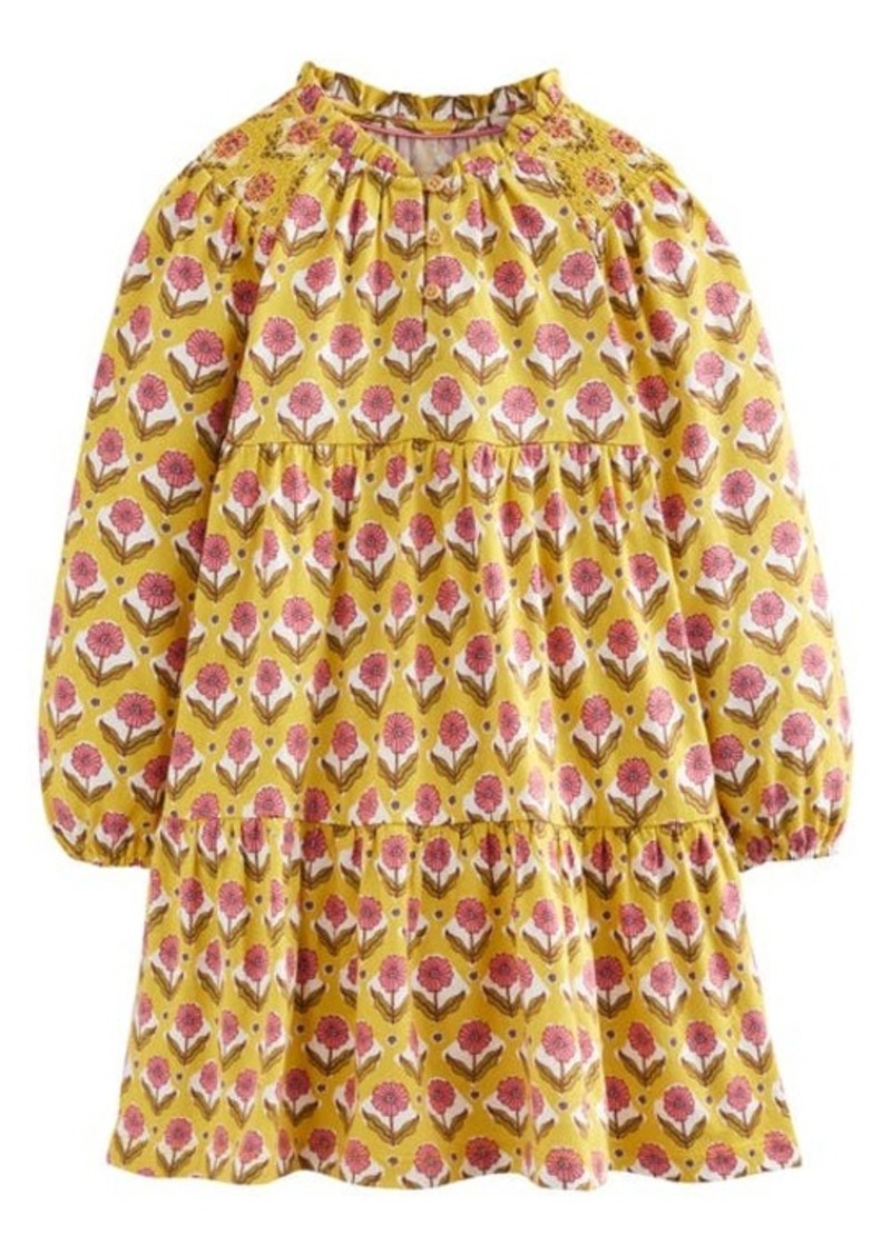 Mini Boden Kids' Floral Long Sleeve Cotton Blend Jersey Tiered Dress