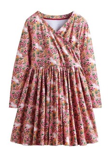 Mini Boden Kids' Floral Long Sleeve Surplice Neck Cotton Dress
