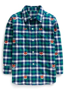 Mini Boden Kids' Fox Appliqué Check Button-Up Flannel Shirt