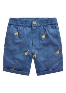 Mini Boden Kids' Giraffe Embroidered Linen & Cotton Roll-Up Shorts