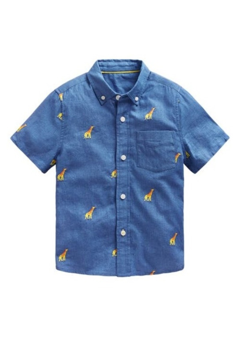 Mini Boden Kids' Giraffe Embroidered Short Sleeve Linen & Cotton Button-Down Shirt