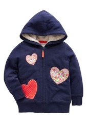 Mini Boden Kids' Heart Appliqué High Pile Fleece Lined Cotton Zip-Up Hoodie