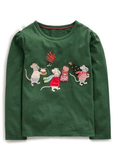 Mini Boden Kids' Holiday Mice Appliqué Long Sleeve Cotton T-Shirt