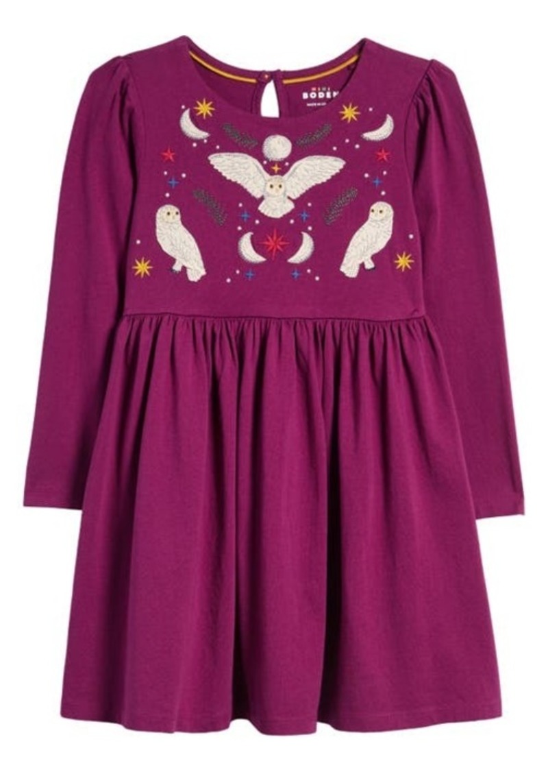 Mini Boden Kids' Owl Appliqué Long Sleeve Jersey Dress