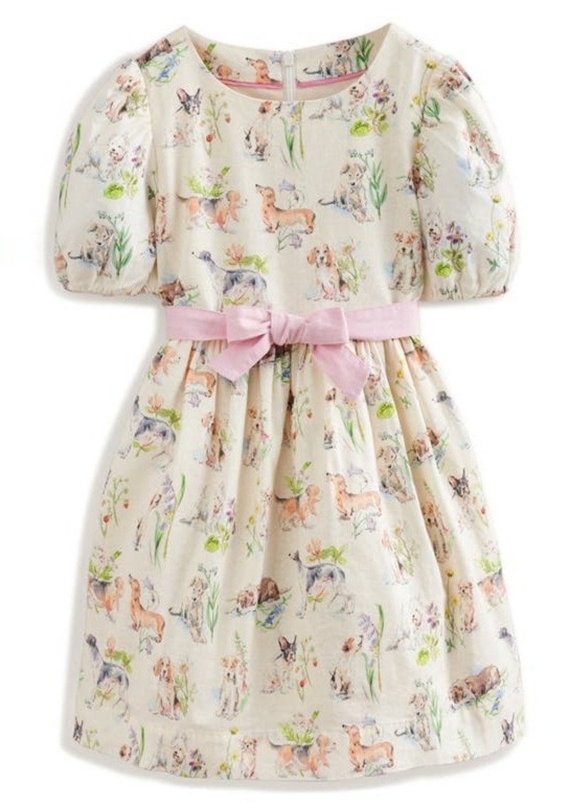 Mini Boden Kids' Pup Print Puff Sleeve Cotton & Linen Dress