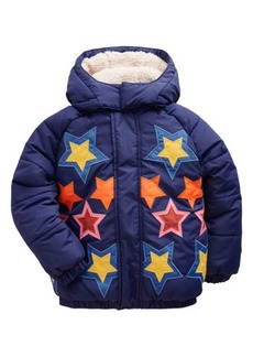 Mini Boden Kids' Star Appliqué Water Resistant Puffer Coat with Detachable Hood