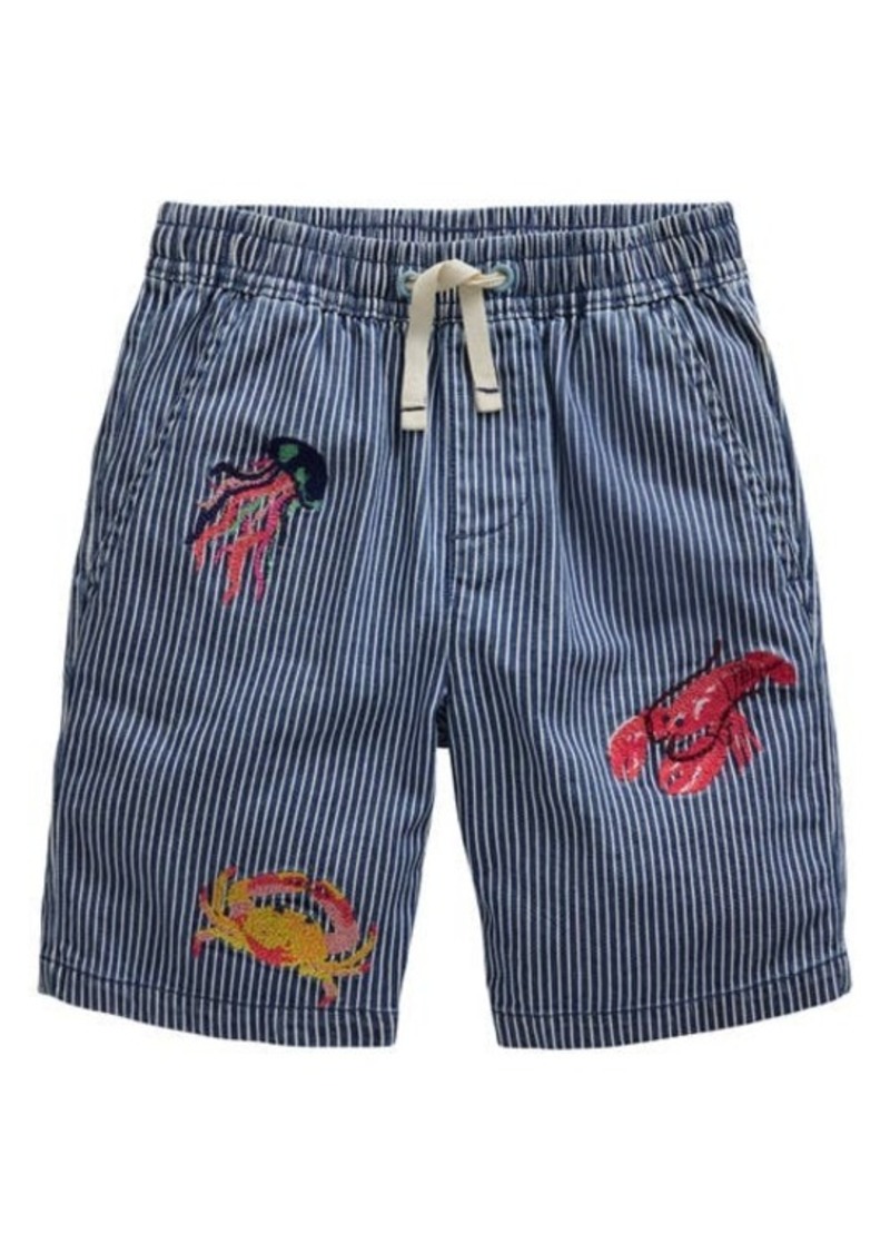 Mini Boden Kids' Stripe Sea Creature Embroidered Cotton Shorts