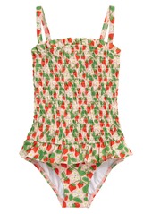 Toddler Girl's Mini Boden Kids' Nostalgic Strawberry Print Smocked One-Piece Swimsuit