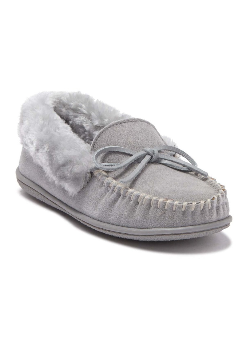 Minnetonka Camp Collar Faux Fur Suede Moccasin in Grey Tonal at Nordstrom Rack