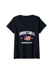 Womens Minnetonka Minnesota MN USA Stars & Stripes Vintage Style V-Neck T-Shirt