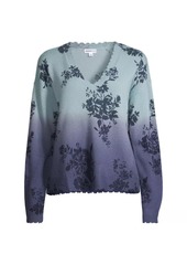 Minnie Rose Cashmere Ombré Floral V-Neck Sweater