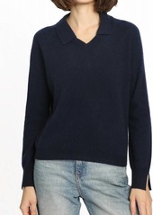 Minnie Rose Cashmere V-Neck Pullover Wth Collar In Navy