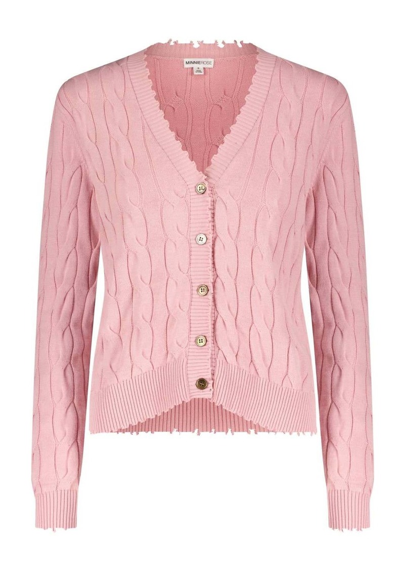 Minnie Rose Cotton Cable Frayed Cardigan In Pink Pearl