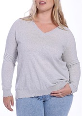 Minnie Rose Cotton Distressed Long Sleeve V-Neck Sweater
