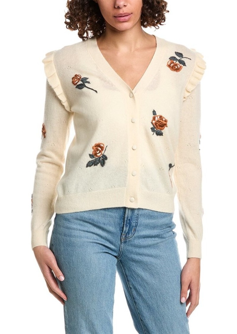 Minnie Rose Embroidered Flower Ruffled Cashmere Cardigan