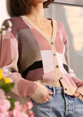Minnie Rose Ribbed Plaited Cardigan In Colorblock Multi