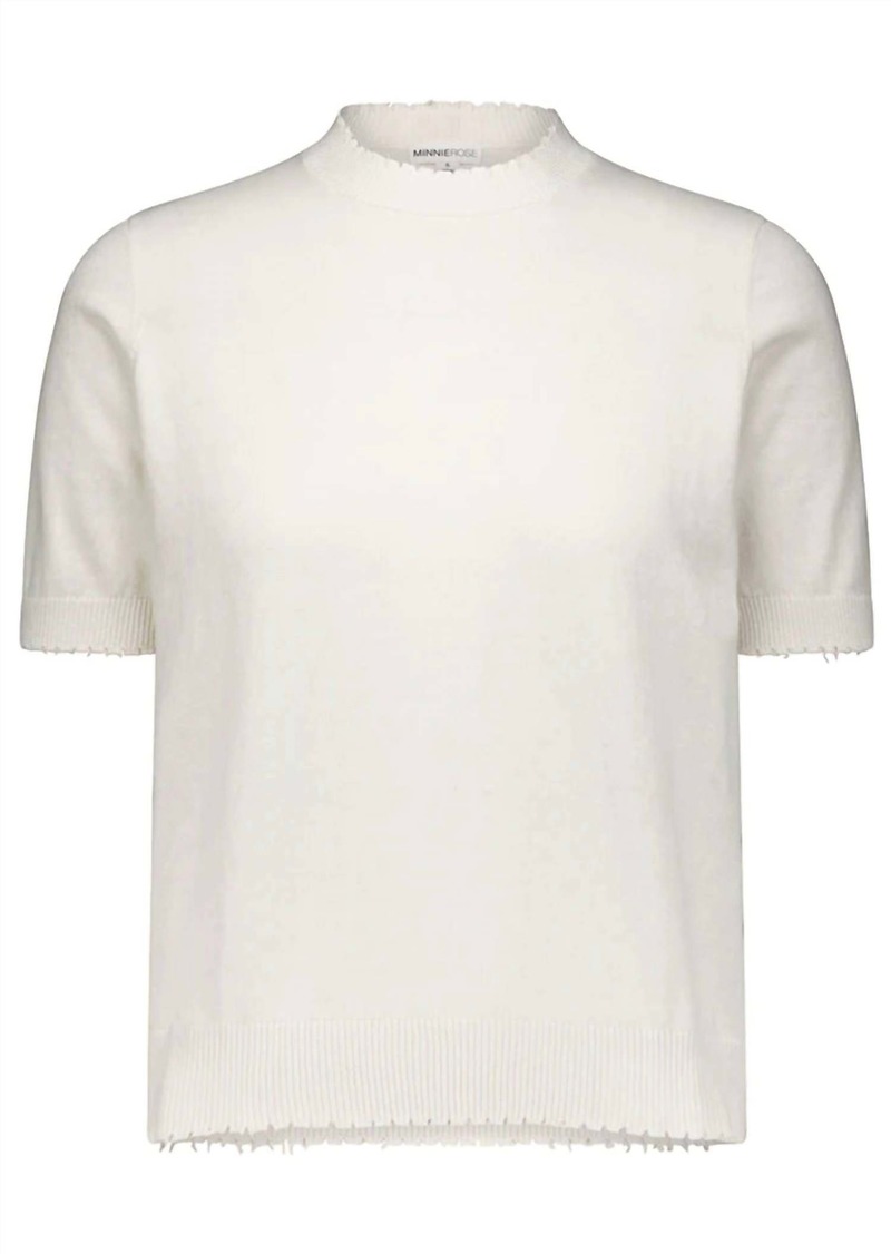 Minnie Rose Women's Cotton Cashmere Distressed Boxy Tee In White