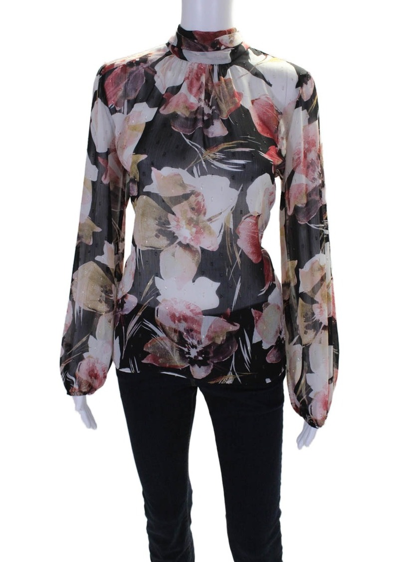 Misa Womens Long Sleeve Metallic Floral High Neck Lulu Blouse Multi