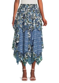 Misa Zoe Floral Asymmetric Tiered Midi Skirt