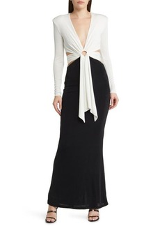 MISHA COLLECTION Aldina Plunge Neck Long Sleeve Knit Mermaid Gown