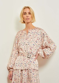 Misook Balloon Sleeve Belted Blouse - Floral Print Crepe de Chine