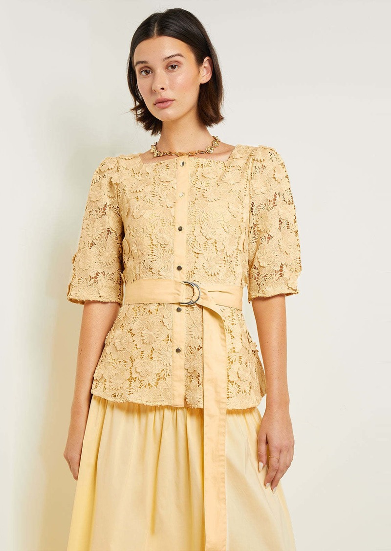 Misook Belted Button Front Blouse - Floral Applique Woven