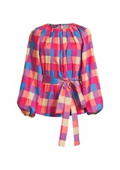 Misook Belted Plaid Cotton-Blend Blouse