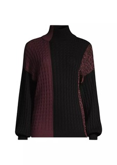 Misook Colorblock Cable-Knit Turtleneck Sweater