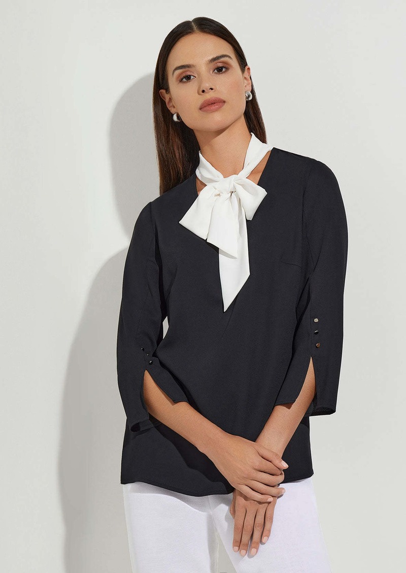 Misook Contrast Tie V-Neck Crepe de Chine Blouse