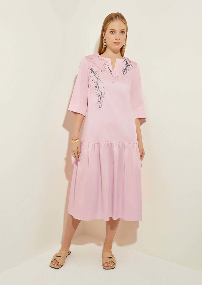 Misook Drop Waist Embroidered Cotton Poplin Dress