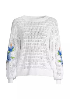Misook Embroidered Pointelle Soft Knit Sweater