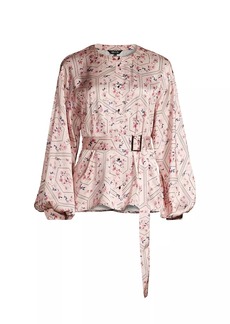 Misook Floral Crepe De Chine Balloon-Sleeve Belted Blouse