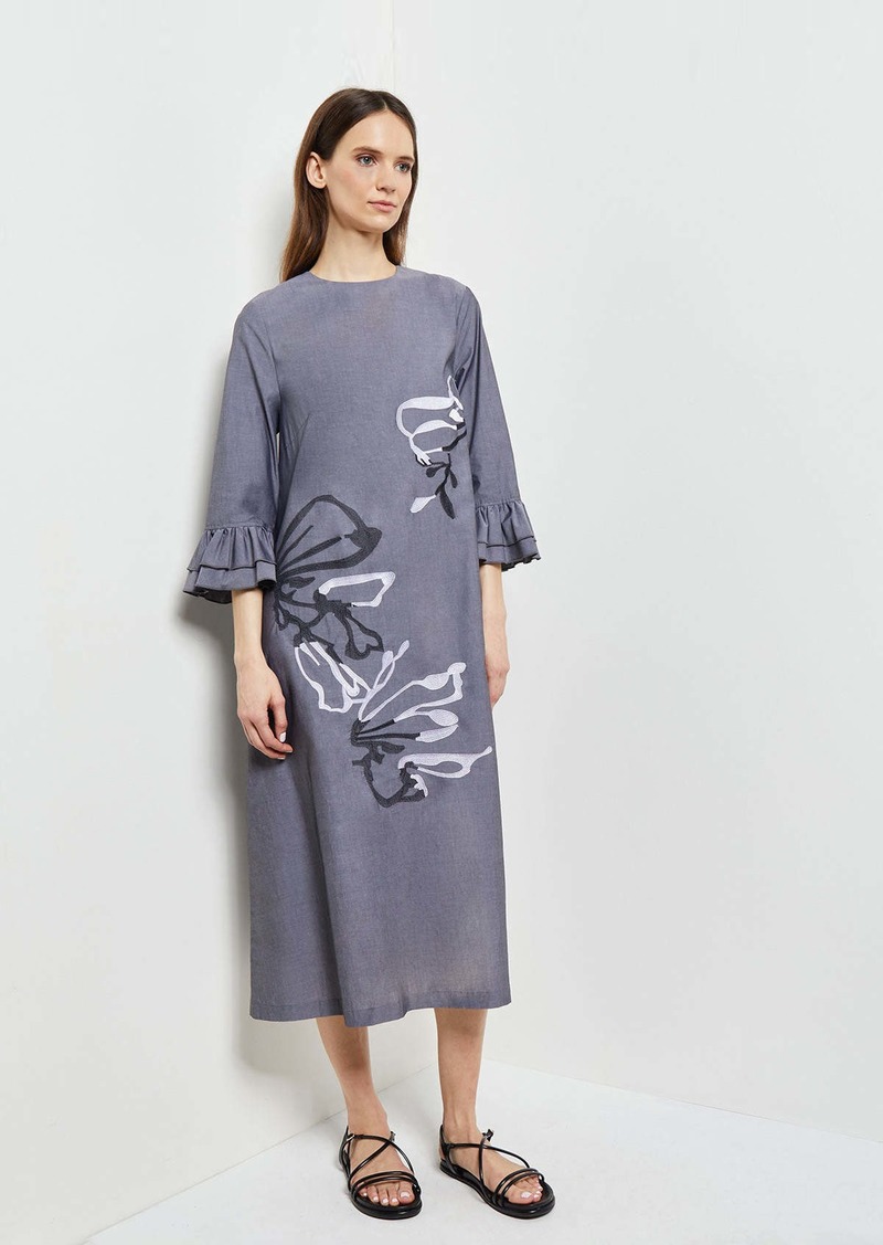 Misook Floral Embroidered Cotton Poplin Midi Dress