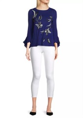 Misook Floral Embroidered Jewel-Neck Top