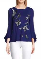 Misook Floral Embroidered Jewel-Neck Top