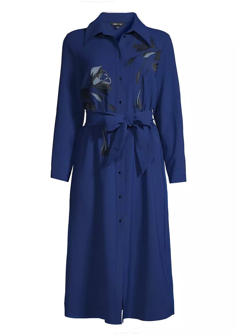 Misook Floral Embroidered Tie-Waist Shirtdress