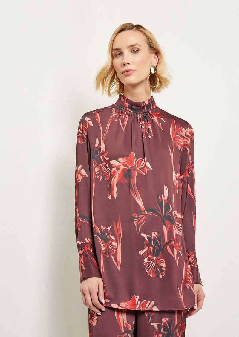 Misook Floral Gathered Mock Neck Crepe de Chine Blouse