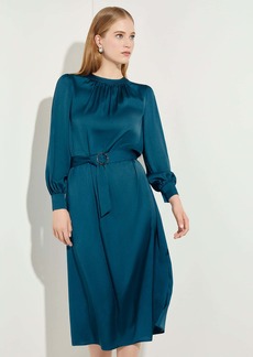 Misook Gathered Neck Belted Crepe de Chine Dress