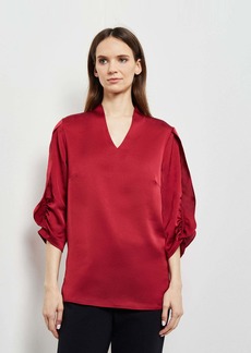 Misook Gathered Tulip Sleeve Crepe de Chine Blouse